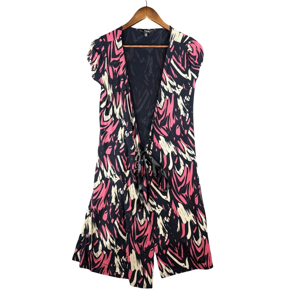 Express Women XS Abstract Print Wrap Dress Pink Navy Stretch Mini Y2K Streetwear